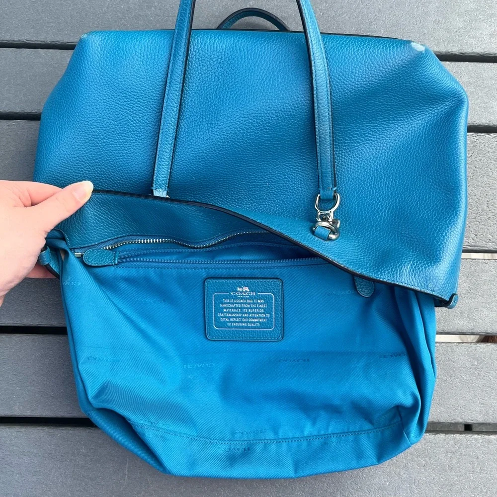 Coach; Vibrant Teal/Blue Leather Tote; Minor Wear; Duel Handles;14x3x8in - Picture 5 of 10